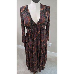 Vintage Inspired Paisley Long Sleeve Maxi Dress With V-Neckline & Empire Waist